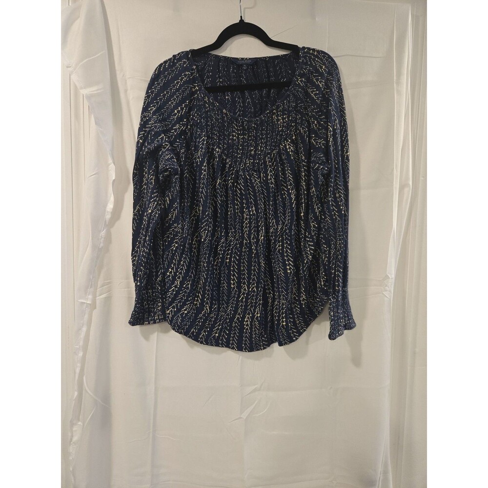 Lucky Brand Navy Patterned Smocked Peasant Blouse XL